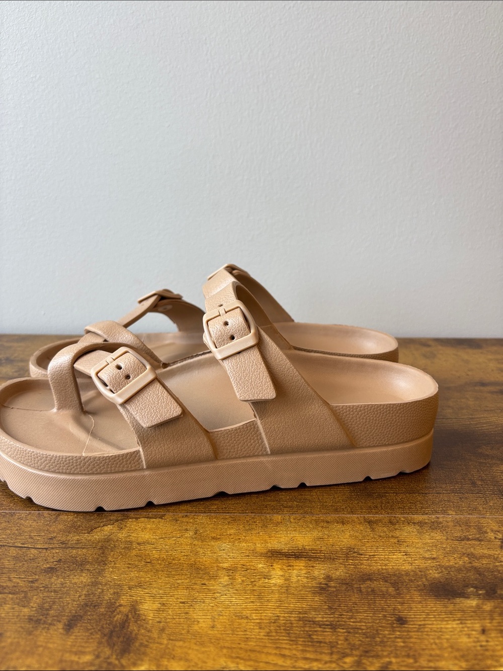 Neutral Tan Double Buckle Slide Sandals platform plastic